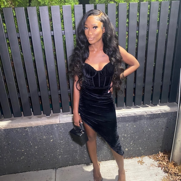 Black Velvet Ruffle Stop Corset Detail Midi Dress - Picture 4 of 4